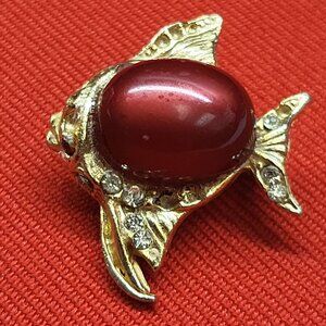 Vintage Angel Fish Red Jelly Belly Rhinestones Brooch Pin
